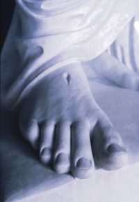 Detail of 'Christus' statue; the Saviour's foot, with the mark of the nail in it.